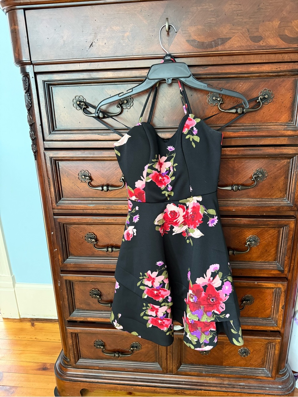 Girls Black Floral Sundress with Pink & Red Blooms